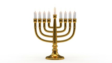A lit gold hanukkiah with nine white candles set against a bright background
