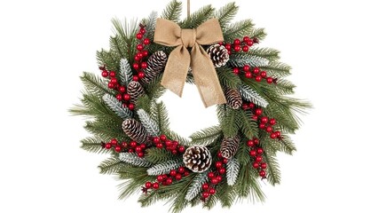 Christmas wreath with burlap bow pinecones snowdusted foliage and red berries