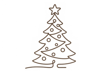 Christmas tree continuous line drawing with star and ornaments, celebrating holiday season, transparent background, simple vector art