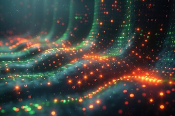 Dynamic abstract scene featuring swirling patterns of red, green, and blue light against a dark backdrop. Creates a vibrant, ethereal, and visually captivating effect.