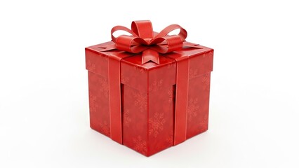 Obraz premium A red gift box wrapped in a ribbon with a bow sits on a white surface The box has snowflakes printed on the wrapping paper