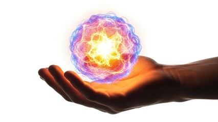 Illuminated orb held in hand with blue red and yellow light