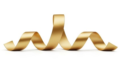 A shiny gold ribbon is gracefully twisting and turning on a white surface casting shadows