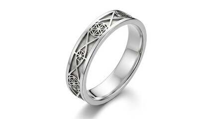 A silver ring with an etched geometric pattern