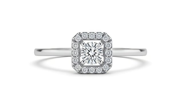 A silver ring featuring a central diamond surrounded by smaller diamonds set in a square shape on a white background