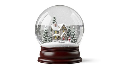A snow globe features a house trees snowman amid falling snow all on a dark wooden base