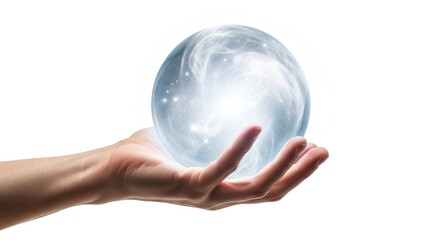 A hand holds a glowing orb seemingly magical or futuristic against a bright white background