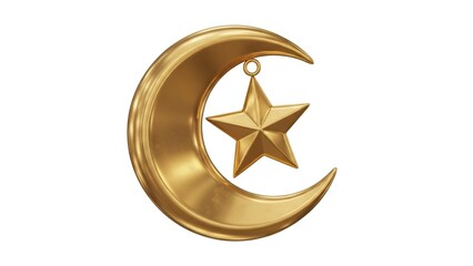 Gold crescent moon with a gold fivepointed star isolated on white