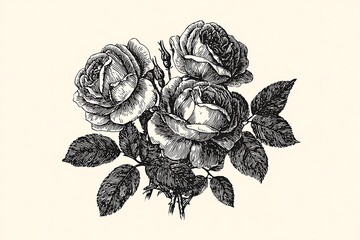Obraz premium Elegant Vintage Illustration of Three Roses with Detailed Leaves on Soft Neutral Background