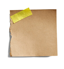 torn brown paper note with yellow tape, isolated.