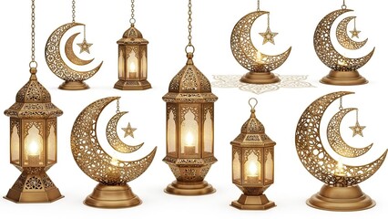 Gold lanterns and crescents with stars stand on a white background