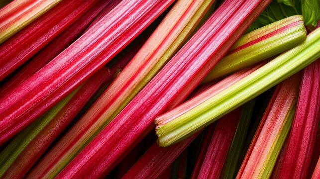 Vibrant hues of fresh, ripe rhubarb stalks set a colorful backdrop.