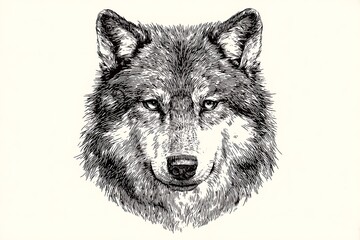 Fototapeta premium Realistic Black and White Illustration of a Wolf Head with Detailed Fur and Intense Expression