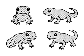 Pop art style gecko collection in halftone black and white design