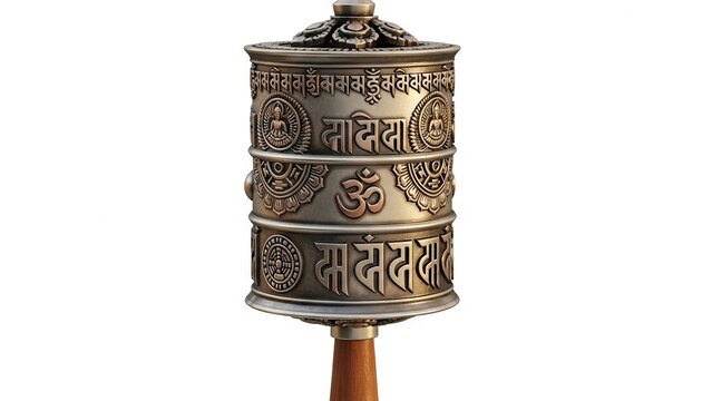 Ornate metal prayer wheel with Buddhist symbols atop a wooden base against a white background