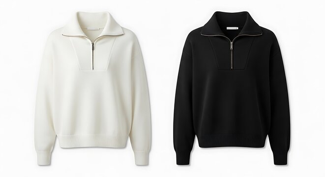 Two half zip sweatshirts, one cream and one black, isolated on white background