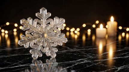 Elegant crystal snowflake ornament standing on black marble with glowing candles in the background, creating a festive and luxurious winter atmosphere.