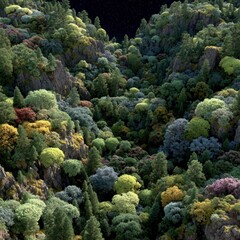 Fototapeta premium Dense lush forest canopy filling a valley with colorful foliage and rocky outcrops under a dark starry sky