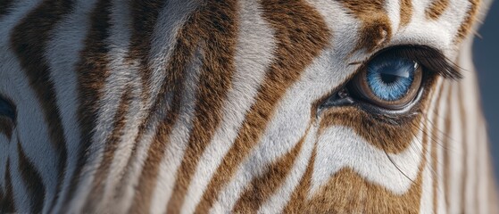 Naklejka premium Extreme close up photograph of a brown and white striped zebra's eye and fur texture