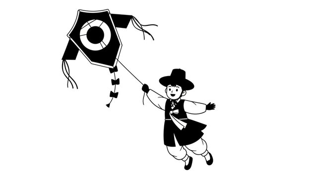 Korean Boy Flying Kite - Traditional Hanbok and Childhood Joy.