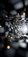 Dark abstract tunnel of metallic cubes with glowing golden orbs creating a light pathway