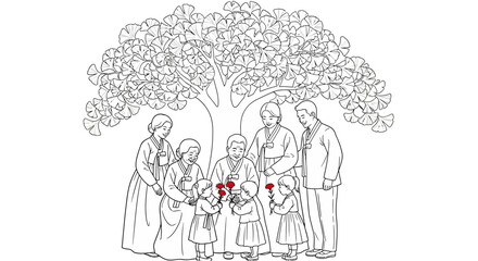 Family Gathering Under A Tree Giving Flowers.