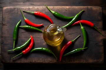 Hot Chili Peppers and Olive Oil on Dark Wooden Board