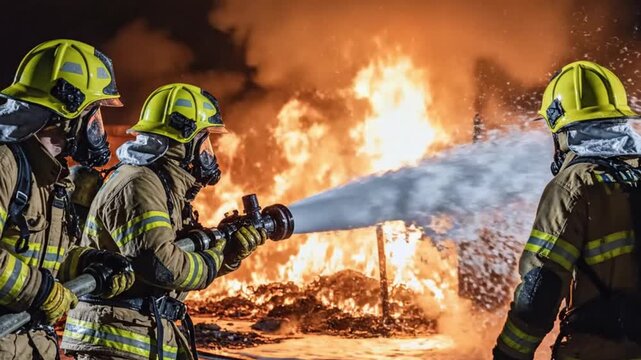 Brave Firefighters Extinguishing Massive Blaze at Night Using High Pressure Water Hose Surrounded by Intense Flames Smoke and Emergency Response Action