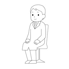 椅子に座っている白衣の男性医師のイラスト（白黒線画）