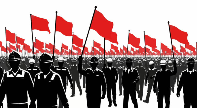 Silhouettes of people holding red flags in a large crowd.