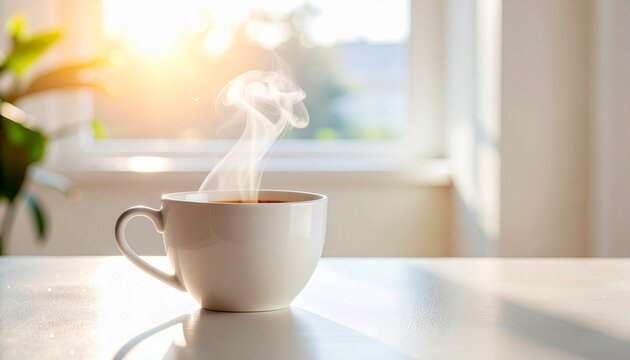 Warm cup of coffee steaming in morning sunlight by the window. - Powered by Adobe