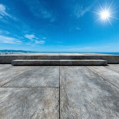 Fototapeta premium Concrete stage platform overlooks bright blue ocean and distant cityscape under sunny sky