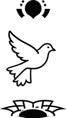 Black and white illustration with a flying bird between two decorative geometric icons