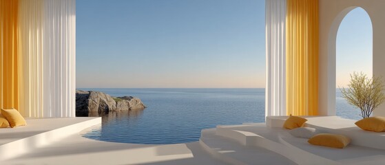 Obraz premium Minimalist white terrace overlooking calm blue ocean water with yellow and white curtains