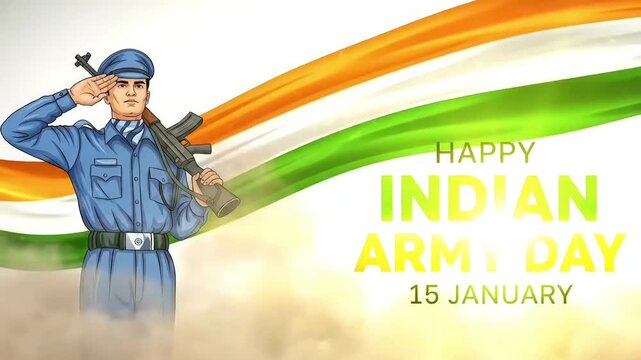 Animated Motion Graphic Video Of Indian Army Soldier Saluting Holding Rifle Against Waving Flag Celebrating Army Day Republic Day And Independence Day
