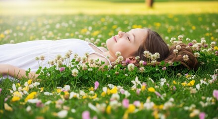 Woman lies peacefully on green grass field covered with colorful flowers
