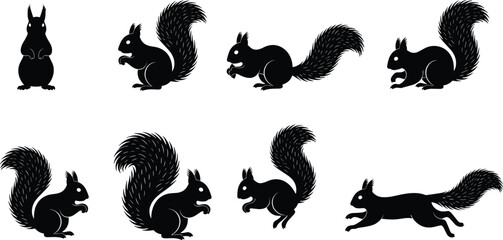 Cute squirrel silhouette collection featuring various standing, sitting, running, and jumping poses, wildlife vector illustration for nature designs, forest themes, animal graphics, and 