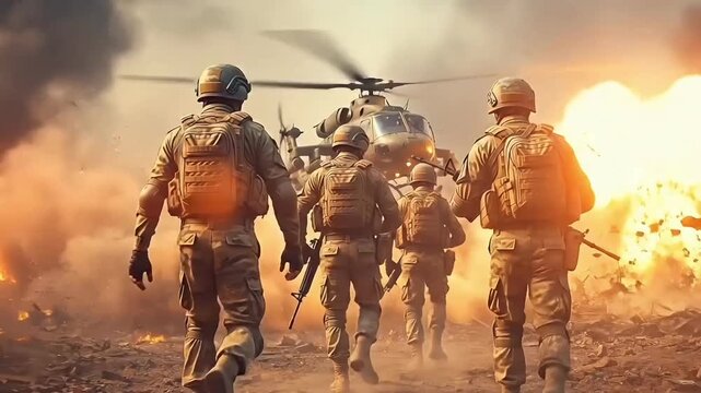Indian Army Special Forces Soldiers Standing On Battleground Ready For Action With Helicopter Hovering Above In Dramatic War Scene Background Representing Republic Day Independence Day And Defense For