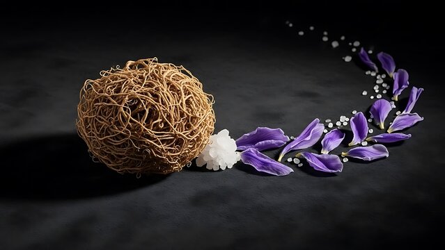 Serene Spa Still Life with Natural Tangled Sphere, Purple Flower Petals, and White Salt Crystals on Dark Background - Powered by Adobe