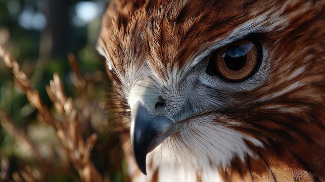 Extreme close up photograph reveals the sharp eye and hooked beak detail of a brown hawk