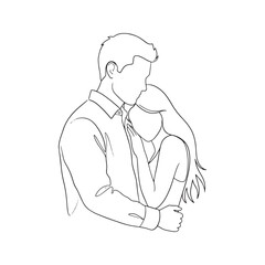Minimalist line drawing of a loving couple where a woman leans her head on a man's shoulder, illustrating intimacy, comfort, and romantic relationship.
