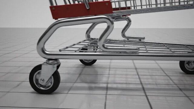 Close-up detail of the durable wheels and polished chrome frame of modern shopping carts gliding smoothly across a pristine tiled floor in a contemporary retail environment