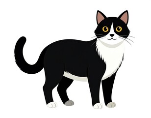 Fototapeta premium Cartoon-style black and white cat standing with a white chest, looking directly forward