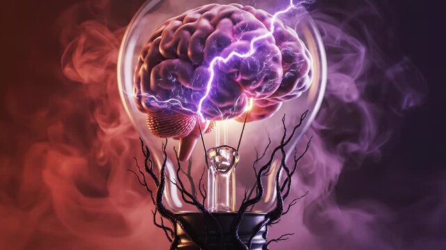 Creative digital art of a brain with lightning and electrical sparks in a glass bulb