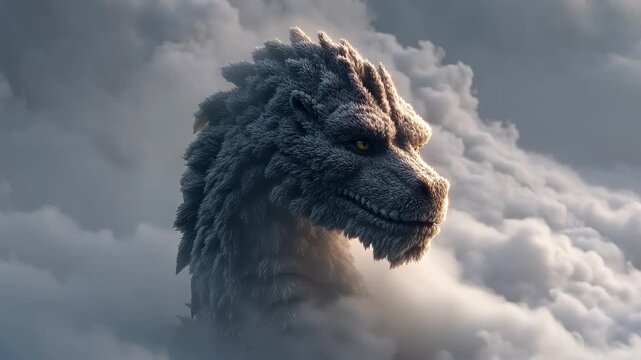 Misty dragon cloud fantasy mythical creature profile ethereal cinematic cloudscape, majestic gray scale plume glow, serene gaze