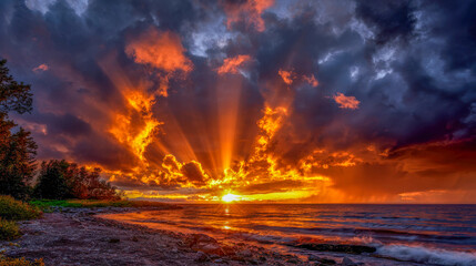 Vibrant sunset over the ocean, with dramatic clouds illuminated by golden rays, reflecting on the water's surface, creating a serene and picturesque coastal scene