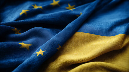 ukrainian flag and eu flag waving in the wind. ukraine membership goals for the european union