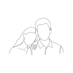 Minimalist line drawing of a loving couple where a woman leans her head on a man's shoulder, illustrating intimacy, comfort, and romantic relationship.
