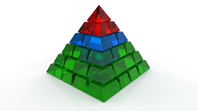 A colorful, layered pyramid, constructed with colored rectangular blocks, atop a white backdrop