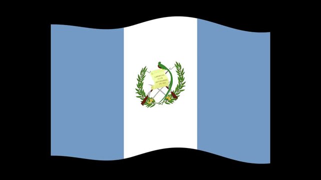 Animated illustration of the national flag of Guatemala, featuring the Coat of Arms centered on the white vertical stripe between two light blue vertical bands. The flag waves dynamically in the wind 